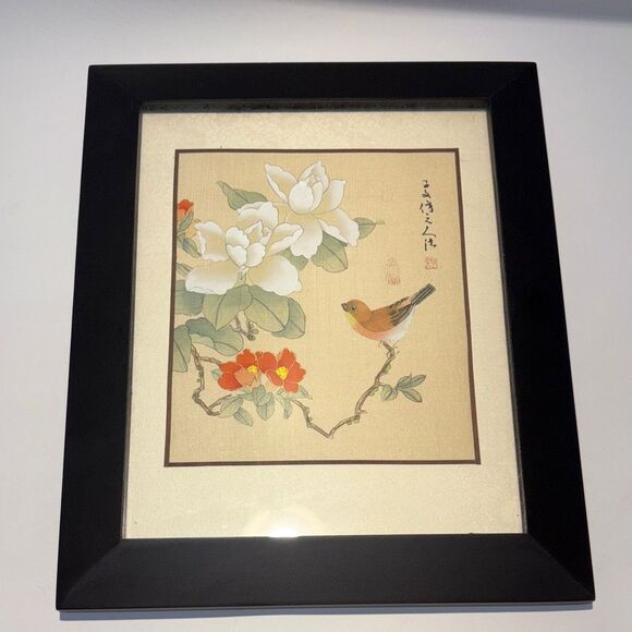 Framed Floral and Bird silk Art Print - Picture 1 of 4